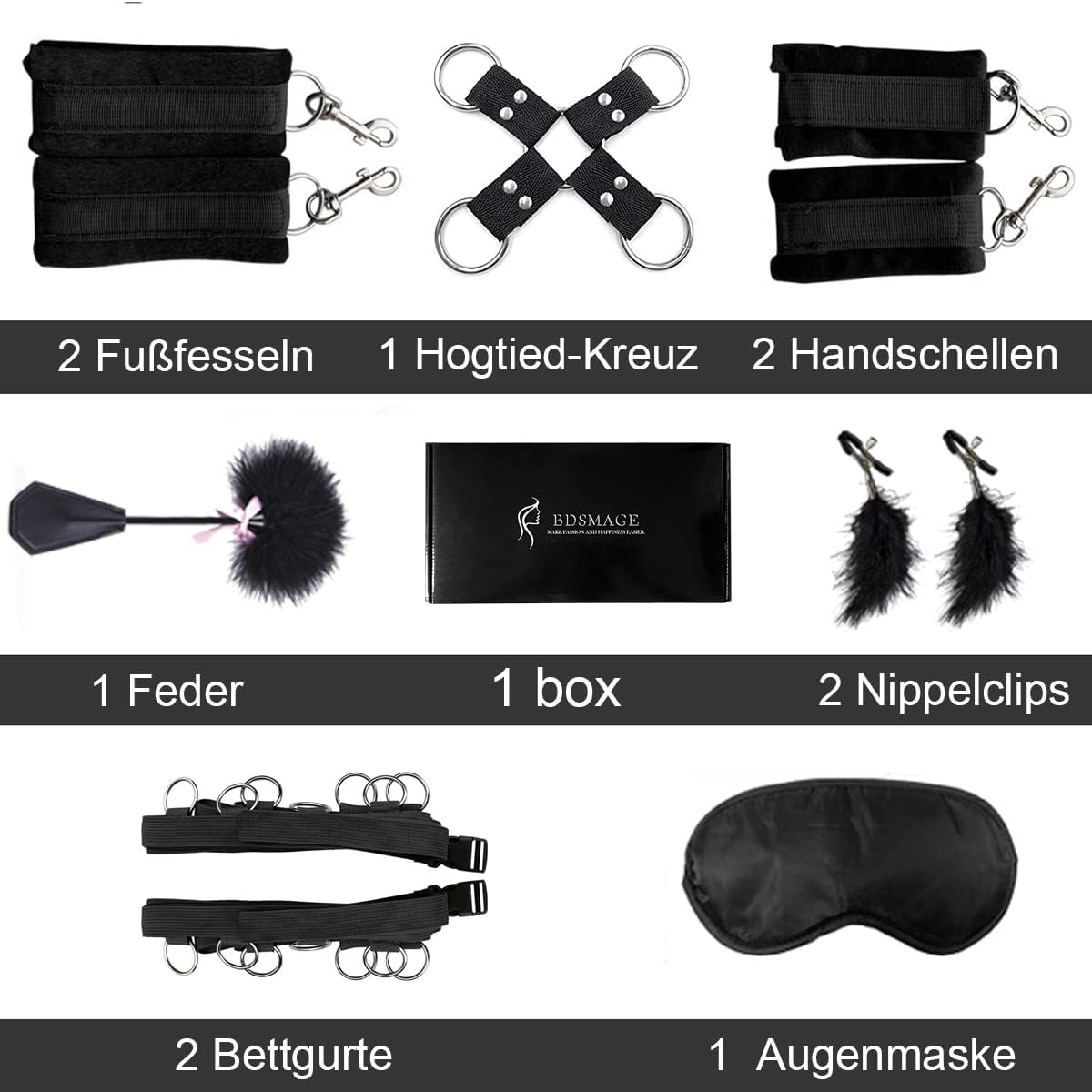 7-Piece Bondage Play Kit – Featuring Feather Whip, Eye Mask, Handcuffs, and Nipple Clips for Couples