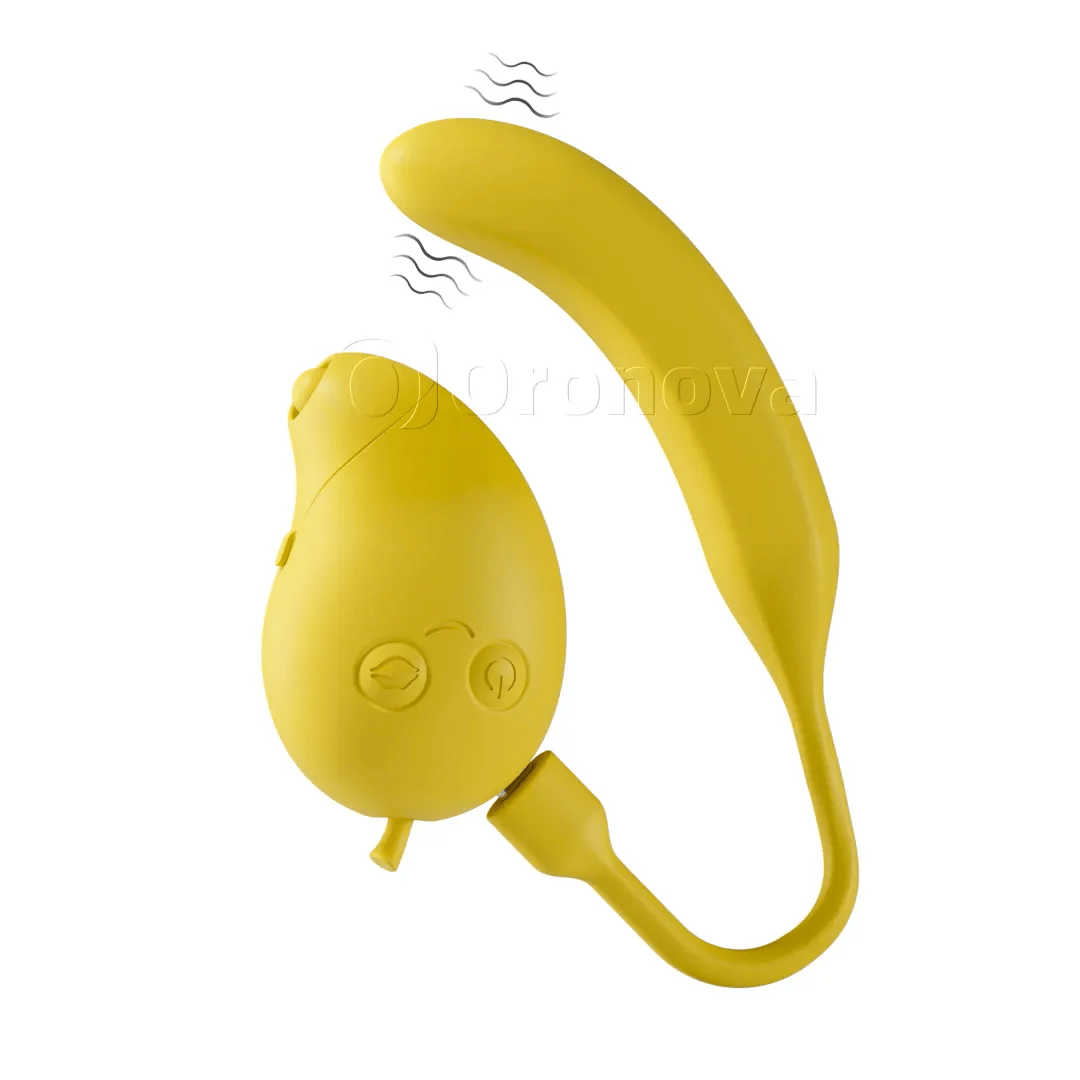 Mango- og bananfarvet 2-i-1 Bluetooth-vibrator med dobbelt stimulering, sugefunktion og bankefunktion