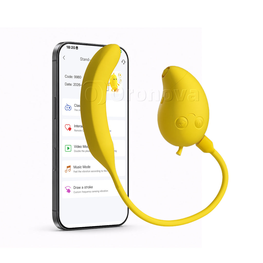 Mango- og bananfarvet 2-i-1 Bluetooth-vibrator med dobbelt stimulering, sugefunktion og bankefunktion