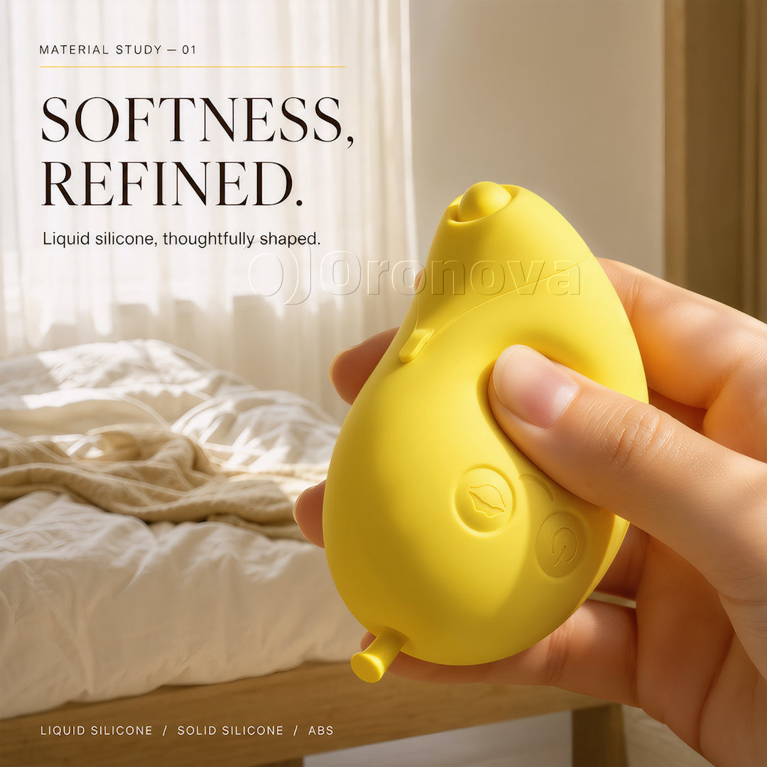 Mango- og bananfarvet 2-i-1 Bluetooth-vibrator med dobbelt stimulering, sugefunktion og bankefunktion
