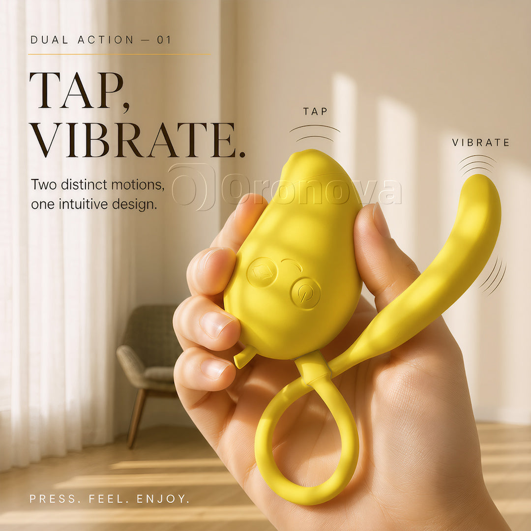 Mango- og bananfarvet 2-i-1 Bluetooth-vibrator med dobbelt stimulering, sugefunktion og bankefunktion