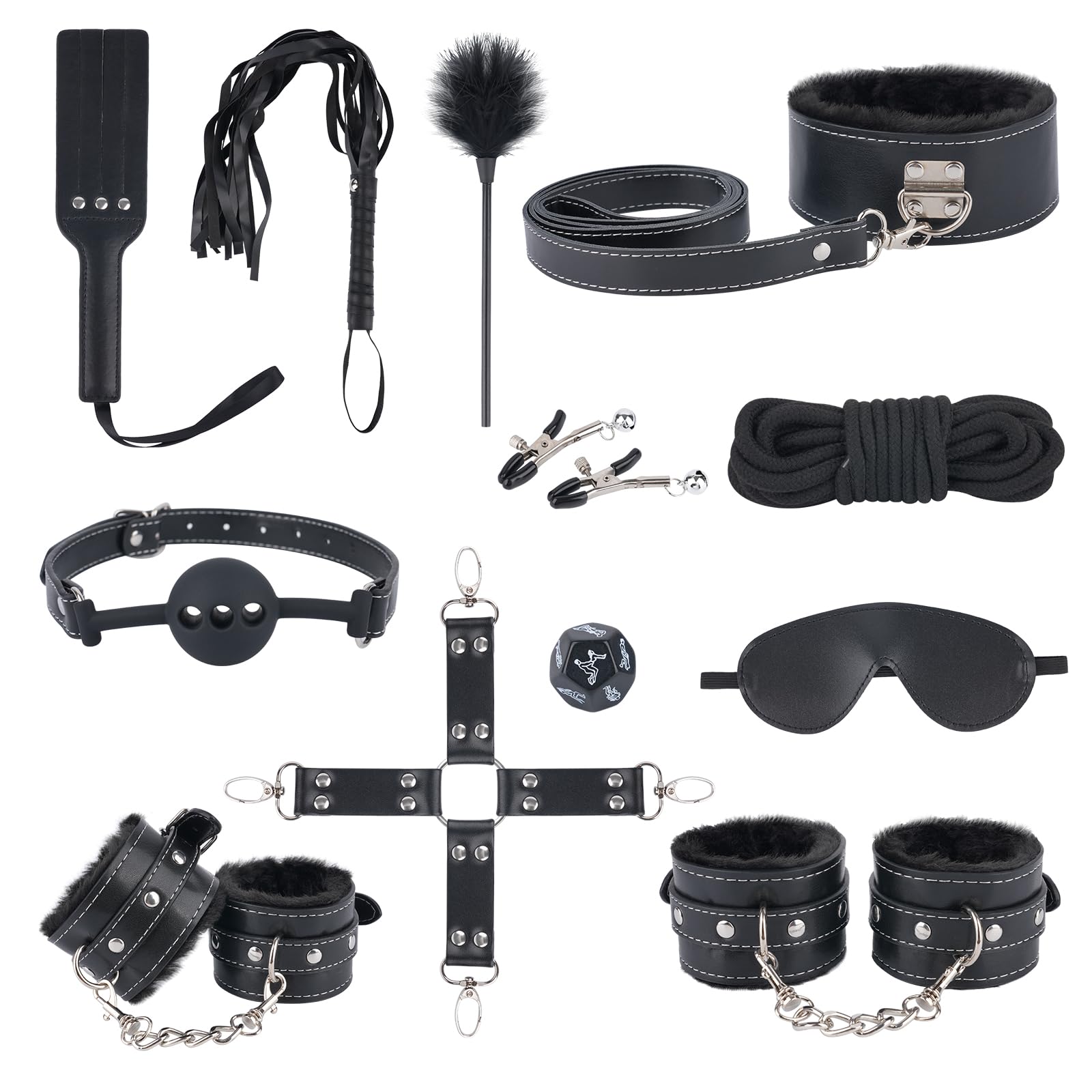 12-delt bondage-bindsæt – justerbare manchetter og gag til par